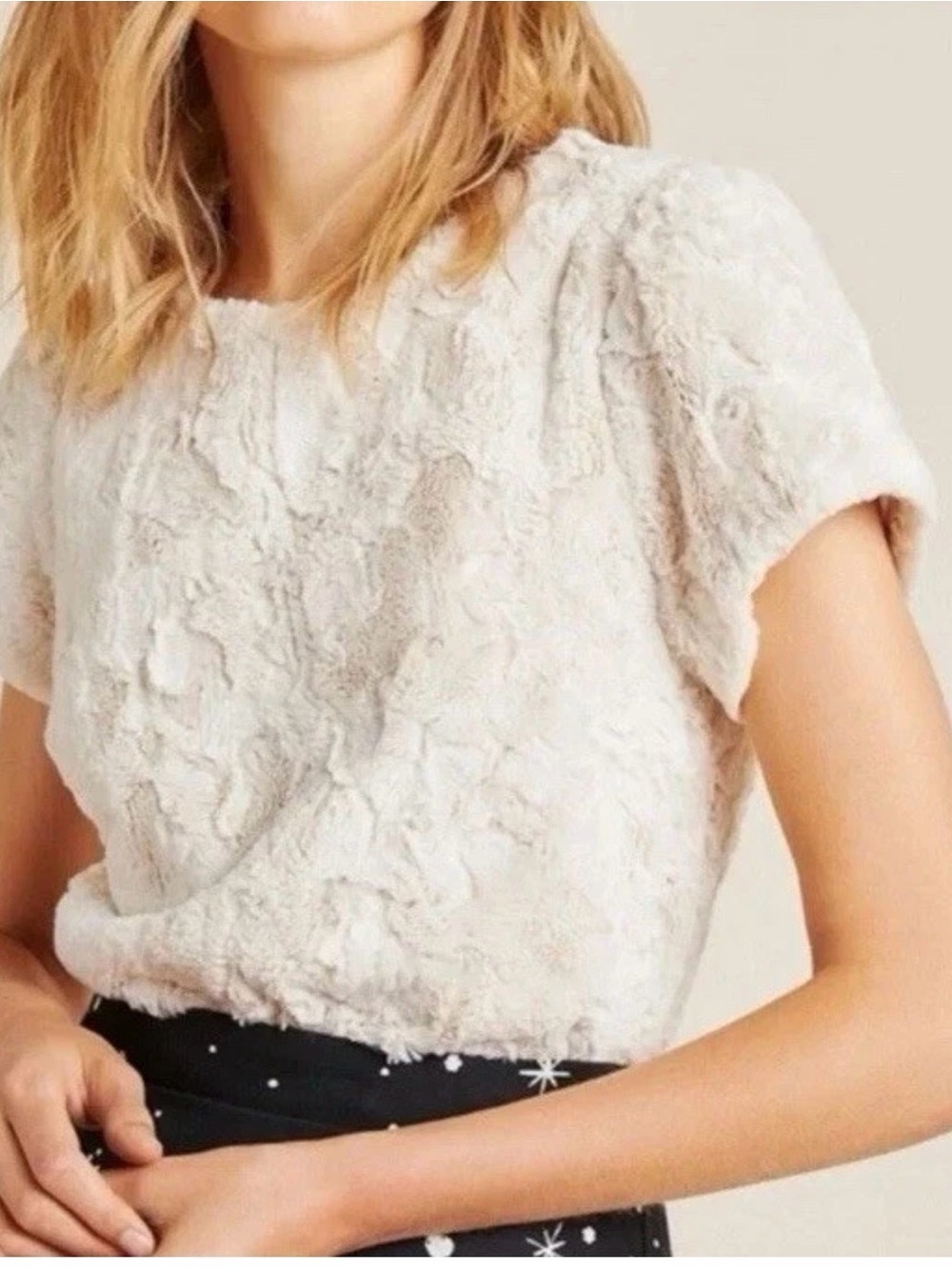 Maeve Ivory Faux-Fur Short Sleeve Top